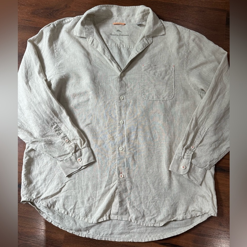 Tommy Bahama Men's XXL 100% Linen Sea Glass Breezer Button Up Shirt Oatmeal